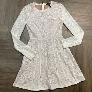 BCBGMAXAZRIA Baylie Lace Skater Dress Womens XXS Ivory Long Sleeve Coquette